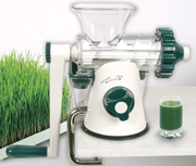An example of a manual masticating juicer that is really good for wheatgrass and other green leafy vegetables.